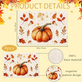 Fall Table Runner 12x18in Linen White Pumpkin Maple Leaves Placemats Set of 4 Thanksgiving Farmhouse Tables Runners Seasonal Harvest Table Mats Kitchen Dining Indoor Outdoor Home Party Decorations
