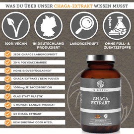 QIDOSHA® Chaga Extract (5:1) Capsules High Dosage, 120 Pieces in Glass (no Plastic), 1000 mg Slate Shimmer Porling Extract per Daily Dose, Chaga Mushroom Capsules High Dose, from Wild Collection of
