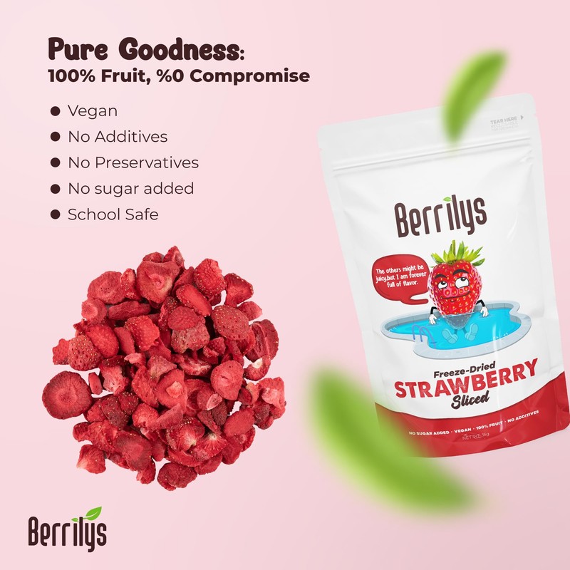 Berrilys Freeze Dried Sliced Strawberries, Healthy Snack, No Added Sugar,