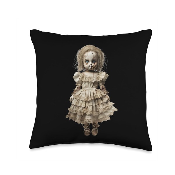 Creepy Antique Doll with Distressed Victorian Look Art Throw Pillow