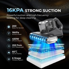 Rosewill Mattress Vacuum Cleaner: 450W 16Kpa Strong Suction, 253.7nm UV-C Light, Ultrasonic & High Heating Tech, Dual Dust Cup - Corded (Metallic Grey) - RHVC-24003