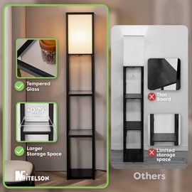 MITELSON Floor Lamp with Shelves, Modern Square Standing Lamp with Glass Shelves, Corner Display Shelf with Light, Tall Lamp with Shelves for Living Room, Bedroom, Office, Bookshelf, Black