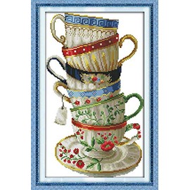 WOWDECOR Cross Stitch Embroidery Kits for Adults Kids, Exquisite Coffee Cup 11CT Stamped DIY DMC Needlework Easy Beginners