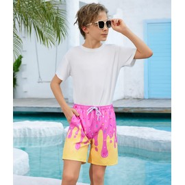 YGDSX Boys Swim Trunks with Compression Liner Boys Quick Dry 2 in 1 Swim Shorts Summer Beach Shorts, Ice Cream, 14-16 Years