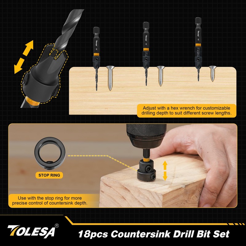 TOLESA Countersink Drill Bit Set, 18 PCS Tapered Counter Sink