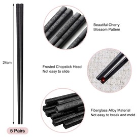 Jizxol 5 Pairs Chopsticks, Chopsticks, Dishwasher Safe, Sushi Sticks, Chinese Chopsticks, 24 cm Reusable Alloy Black Chopsticks, Sushi Non-Slip Chopsticks Set