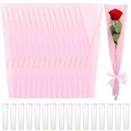 Thenshop Set of 400 Wedding Single Rose Sleeve Bulk Flower Packaging Kit 200 Pcs Single Flower Wrapping Paper Bouquet Bags 200 Pcs Plastic Flower Water Tubes for Graduation Birthday(Pink)
