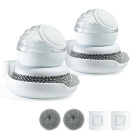 SEATOGEM Pack of 2 Washing Up Brush with Soap Dispenser, Hanging Kitchen Brushes with Steel Sponges for Pots, Bowls, Sinks