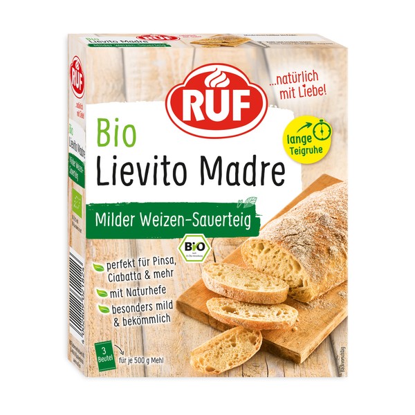RUF Italian Organic Lievito Madre, Professional Ingredient for Mild Wheat Sour Dough with Natural Dried Yeast (Mother Yeast), Use Instead of Yeast for Ciabatta, Pinsa or Pizza Dough, 3 x 35 g