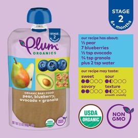 Plum Organics Stage 2 Organic Baby Food - Pear, Blueberry, Avocado, and Granola - 3.5 oz Pouch (Pack of 6) - Organic Fruit and Vegetable Baby Food Pouch