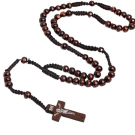 Aoxmas Catholic Wooden Rosary Necklace with Jesus Crucifix,Handmade Prayer Beads for Men and Women
