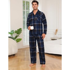 ENJOYNIGHT Mens 100% Cotton Flannel Pajamas Set Plaid Button Pjs Long Sleeve Sleepwear(Small, B+Navy)