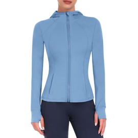 Xyvolix Hooded Women's Athletic Full Zip Lightweight Workout Jacket with Pockets and Thumb Holes Blue