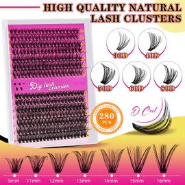 Lash Clusters 280PCS Individual Lashes D Curl Eyelash Clusters Mixed Length Cluster Eyelash Extensions Clusters Lashes with Thin Band Soft False Eyelashes DIY at Home(30D+40D,D-Mix9-16mm)