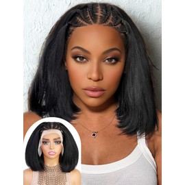 Fancy Hair Braided Kinky Straight Bob Wig for Black Women 13x4 Cornrow Braided Lace Frontal Wig 12 Inch Yaki Kinky Straight Synthetic 200% Density Hair Pre-braid Handmade Cornrow Glueless Natutal Hair