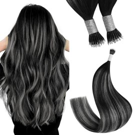 YoungSee Nano Hair Extensions Silver Real Hair Nano Bead Human Hair Extensions Ombre Black to Silver Nano Rings Hair Extensions Double Drawn Nano Tip Extensions Black Ombre for Women 1g/s 50g 22inch
