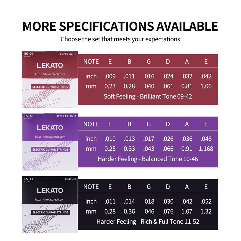 LEKATO Electric Guitar Strings, Nickel-Plated Hexagonal Steel with Nano Coating,