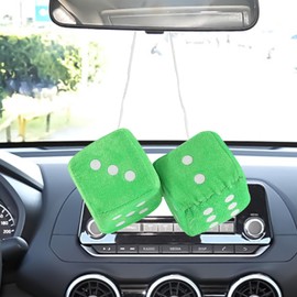 Hbxdeco Pair 2.75" Fuzzy Plush Dice for Car Mirror, Classic Retro Large Dice Rearview Car Decorations, Vintage Soft Plush Car Dice Square Dice, Automotive Interior Hanging Ornament (Green+White)
