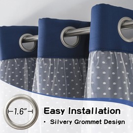 MYSKY HOME Navy Blue Blackout Curtains for Bedroom 63 Inch Long Kids Curtains Thermal Insulated Double Layer Drapes White Polka-Dots Sheer Voile Grommet Room Darkening Window Curtains, 52" x 63"