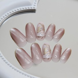 Press On Nails Almond Short Square Ballet Shaped, Cute Design Flower Bow Fake Nails, Stick On Nails,Glue on Nails on 24PCS (Pink Gold Butterfly)