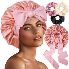 1+3 Large Satin Bonnets with Scrunchies for Women, Double Layer Hair Bonnet Tie Bonnet for Sleeping Braids Curly Hair, E