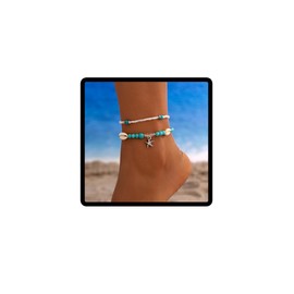 Jascatin Boho Anklets Silver Double Layer Starfish Ankle Bracelet Beaded Beach Foot Jewelry Anklet for Women (A)