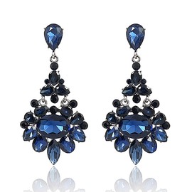 Kercisbeauty Statement Blue Crystals Dangle Drop Earrings Women Girls Rhinestones Black Jewelry Retro Earrings (Blue)