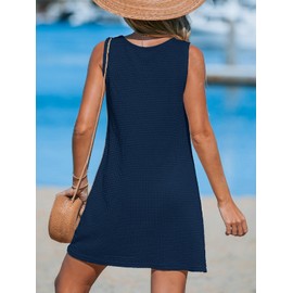 CUPSHE Women's Cover Up Beach Dress Airy Round Neck Sleeveless Twisted Waffle Knit Short Beach Poncho Summer Beach Mini Dress, navy