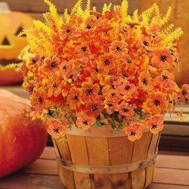 Mutcolor 10 Bundles Artificial Mums for Outdoors Fake Fall Flowers Silk Flowers Plastic Plants UV Resistant No Fade for Outside Porch Garden Pots Planters Autumn Fall Decor, (Orange)