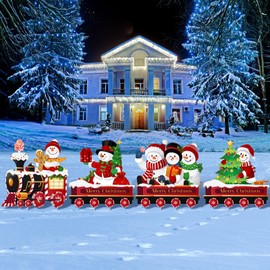 Marsui 4 Pieces Christmas Decorations Outdoor Yard Train Lawn Sign Gingerbread Santa Snowman Heart Yard Sign with 8 Yard Stakes for Outdoor Christmas Decorations (Vibrant Style)