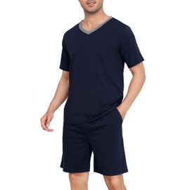 Wikoan Men's Pyjamas Sets Cotton Shorts Pajamas Short Sleeve Top and Shorts Sleepwear Loungewear with Pockets & Drawstring Navy,L
