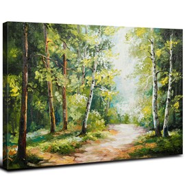 Green Forest Wall Art Abstract Birch Trees and Path Oil Painting Style Canvas Prints Art Sunrise Nature Landscape Picture Decor for Living Room Bathroom Bedroom Home Decoration Ready to Hang 16x24"