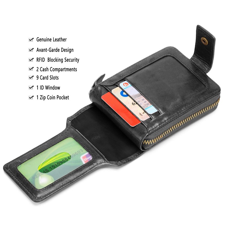 BULLCAPTAIN Mens Genuine Leather Zipper Wallet RFID Blocking Bifold Zip