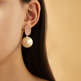 ORATIGOR Gold Pearl Earrings for Women Dangle Earrings 18K Gold Plated Drop Stud Earrings for Teen Girls Jewelry Gifts (Pink & pearl)