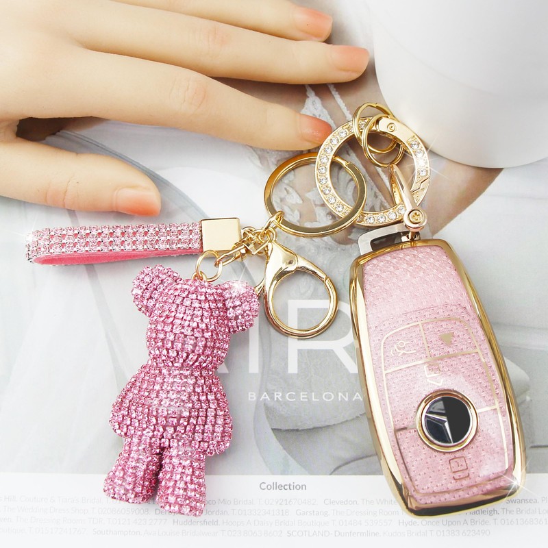 Rayslesan Cute Key Fob Cover with Rhinestone Bear Charm, Bling