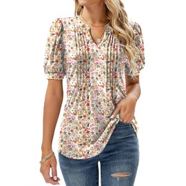 EFFAN Womens Plus Size Tops Casual V Neck Longline Blouse Elegant Floaty Flower Print Tunic Shirts Floral White XXL (UK 20-22)