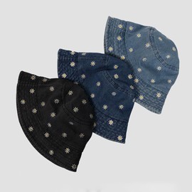 aoozleny Daisy Embroidered Denim Bucket Hat, Cute Bucket Hats Unisex Sun Summer Travel Beach Fisherman for Men Women Teens (CA/US, Alpha, One Size, Standard, Black)