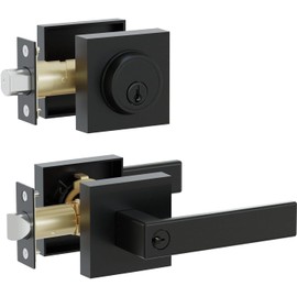 Front Door Lock Set,Keyed Alike Heavy Duty Exterior Door Lock Set,Entry Door Handle and Single Cylinder Deadbolt Combo for Office and Home Security, Reversible for Right and Left Side, Matte Black
