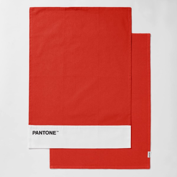 SWEET HOME Pantone™ Set of 2 Tea Towels 50 x 70 cm 100% Cotton 220 gr. 1 Solid Color with Logo and 1 Beesnest. 2 Pieces, Red