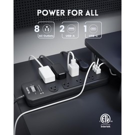Surge Protector Power Strip 10FT(2040J), PLUGTUL Surge Protector with 8 Outlets - Spacious Design for Large Plugs, Flat Plug, 20W USB C Charging for Home, Office, ETL Listed
