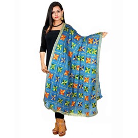 Handmade Phulkari Dupatta Chiffon Multicolor Embroidered Blue Stole Scarf Chunni Hijab for Woman