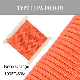 FISHLUND Paracord 550 lb, 7 Strand Type III Paracord Rope 100ft, High Strength Nylon Parachute Cord for Camping, Survival, Tactical and Hiking, Neon Orange