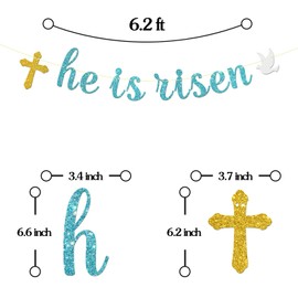 Maicaiffe He is Risen Banner - Easter Party Banner Decor - Cross Religious Holiday Party Decorations, Blue Glitter