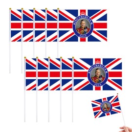 10P King Charles III Union Jack Coronation Souvenir Flags Handheld Small Flag,King Charles the Third Flags On Sticks,Mini Flags for Coronation Street Party National Royal Party Sporting Events