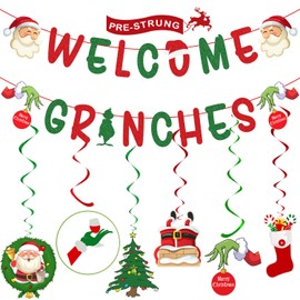 Christmas Decorations – Glittery Welcome Grinches Banner, Hanging Swirls with Christmas Ornaments for Christmas Decorations Indoor Outdoor, Christmas Decor, Christmas Party Decorations
