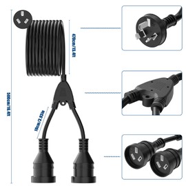 HITRENDS 5M Power Extension Lead Cord with 3-Pin 1 to 2 Double Outlet Plug, 10A 2500W, Australia Standard Household Duty Extension Lead, Black
