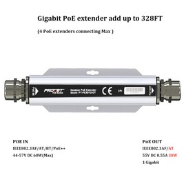 Procet Single Port Gigabit PoE Extender 44-57Vdc with 6KV Surge Protection, -40°C to 65°C, Expand 100 Meters (109yd), Waterproof IP67 Outdoor use, IEEE802.3at, PT-PEX-01G-OT