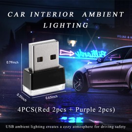 Yourkar 4 PCS USB LED Car Interior Atmosphere Lamp, Plug-in USB Interface Trunk Ambient Lighting Kit, Night Led Decoration Mini USB Light, Universal Interior Car Accessories (Red+Purple)