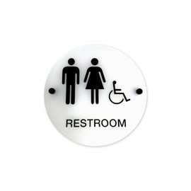 Frosted Designer ADA Unisex Restroom Sign / 9" Round Gender Neutral Bathroom Sign With Braille And Handicap Symbol/Chic Translucent Sign With Stand Off Mounts/Made In The USA