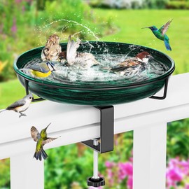 ODSNANIE Deck Mounted Metal Bird Bath for Outside, Detachable Birdbath Bowl with Adjustable Steel Clamp, Outdoor Bird Feeder for Railing Balcony Fence Yard Art Garden Decor (Vintage Green)
